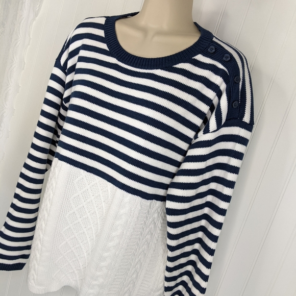 ORVIS Navy White Preppy Stripe Cable Knit Sweater Sz L - Picture 12 of 15